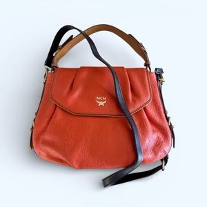MCM Visetos Embossed Orange Leather Logo Handbag, Convertible Crossbody Strap